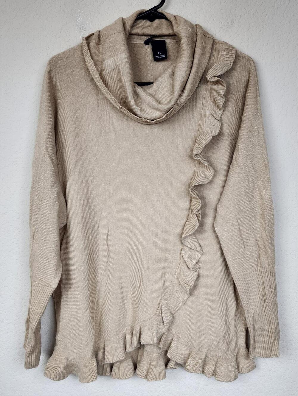 New Directions Petite PM Beige Acrylic Ruffle Sweater